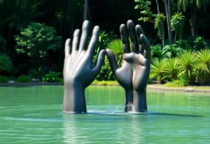 Steel sculpture 'Kindred' depicting two hands emerging from water