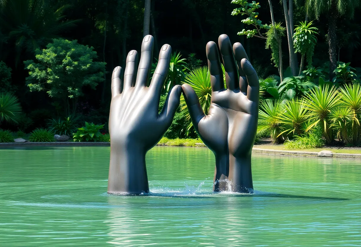 Steel sculpture 'Kindred' depicting two hands emerging from water