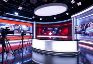 Modern newsroom set with broadcast anchor desk and lighting