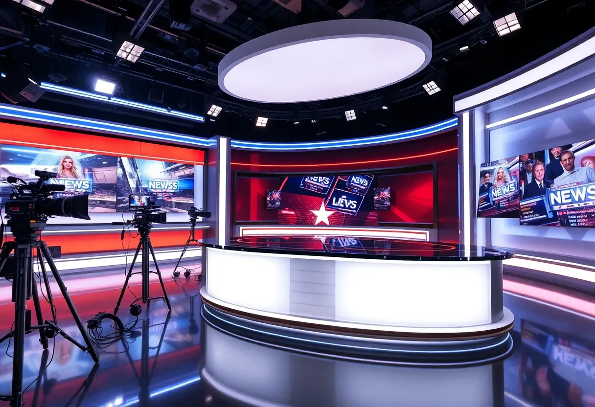 Modern newsroom set with broadcast anchor desk and lighting
