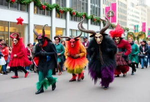 Participants of the Krampus Parade in San Antonio wearing elaborate costumes and masks.