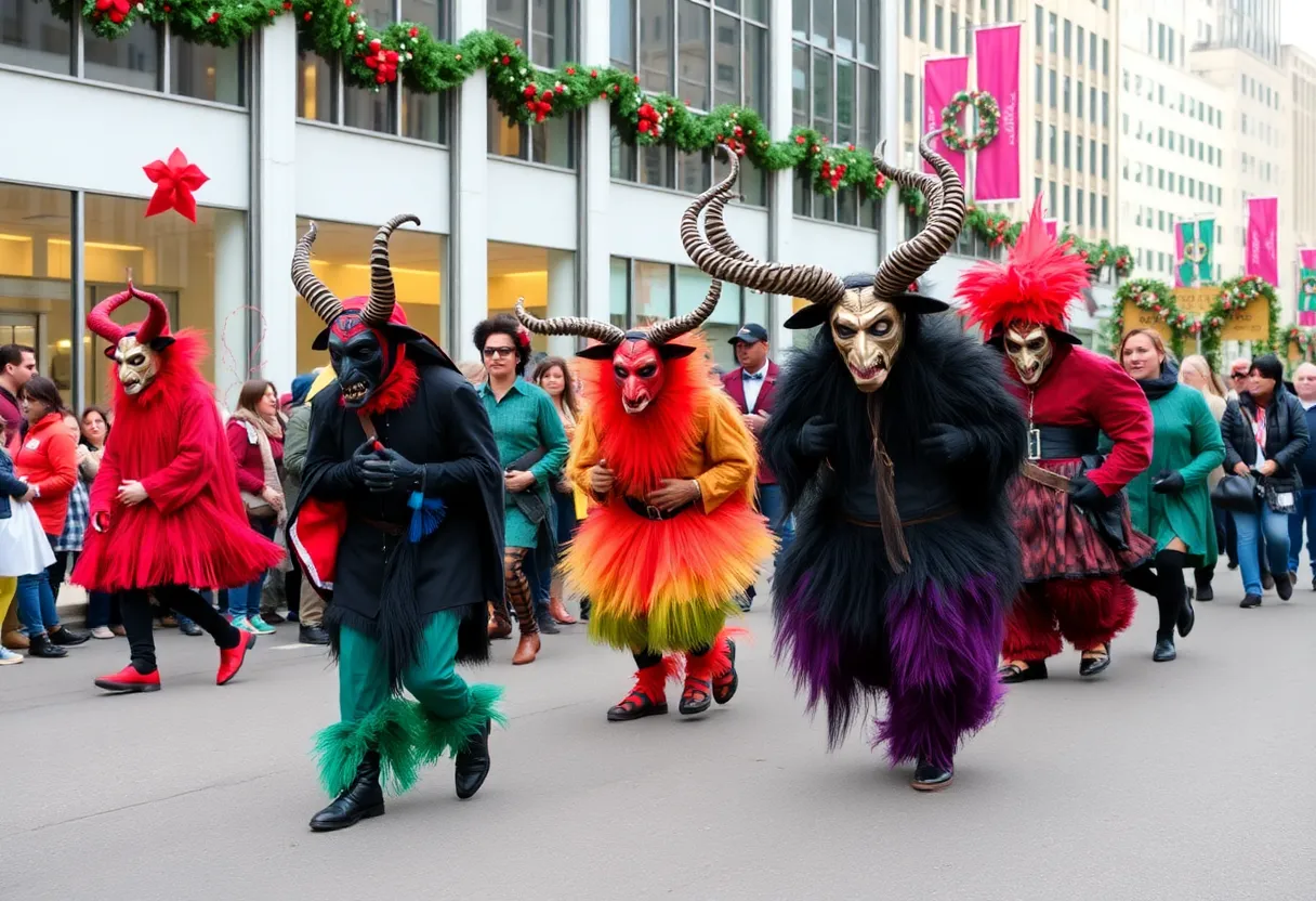 Participants of the Krampus Parade in San Antonio wearing elaborate costumes and masks.