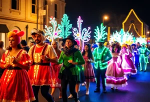 Participants dressed in colorful costumes celebrating the Krampus Parade in San Antonio.