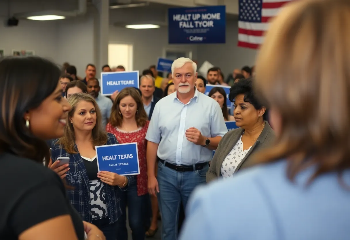 A vibrant campaign rally in Texas with enthusiastic supporters discussing healthcare policies.