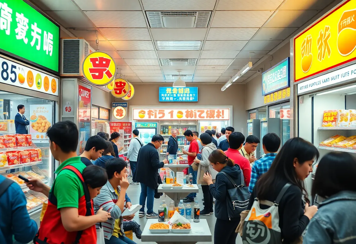 Interior of a busy convenience store with food offerings