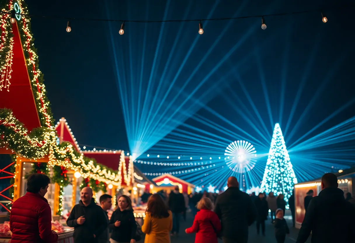 A festive scene at the Lights of Esperanza celebration with holiday lights and families.