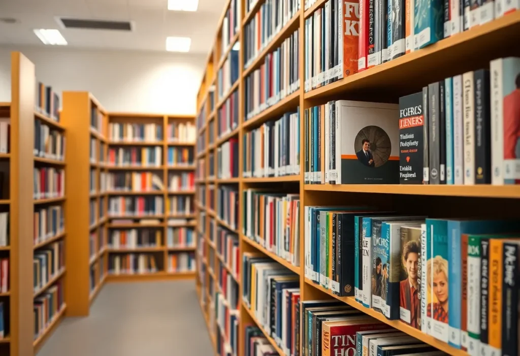 Public library shelves with a variety of books