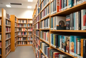 Public library shelves with a variety of books