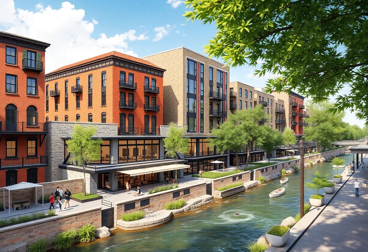 Illustration of the Lone Star Brewery redevelopment project, featuring mixed-use spaces.