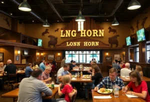 Interior view of LongHorn Steakhouse with families dining and Western-themed decorations.