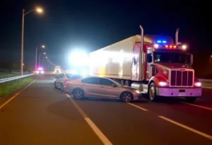 Scene of a crash involving a sedan and an 18-wheeler on Loop 410