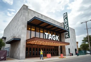 Exterior view of the Magik Theatre during renovation