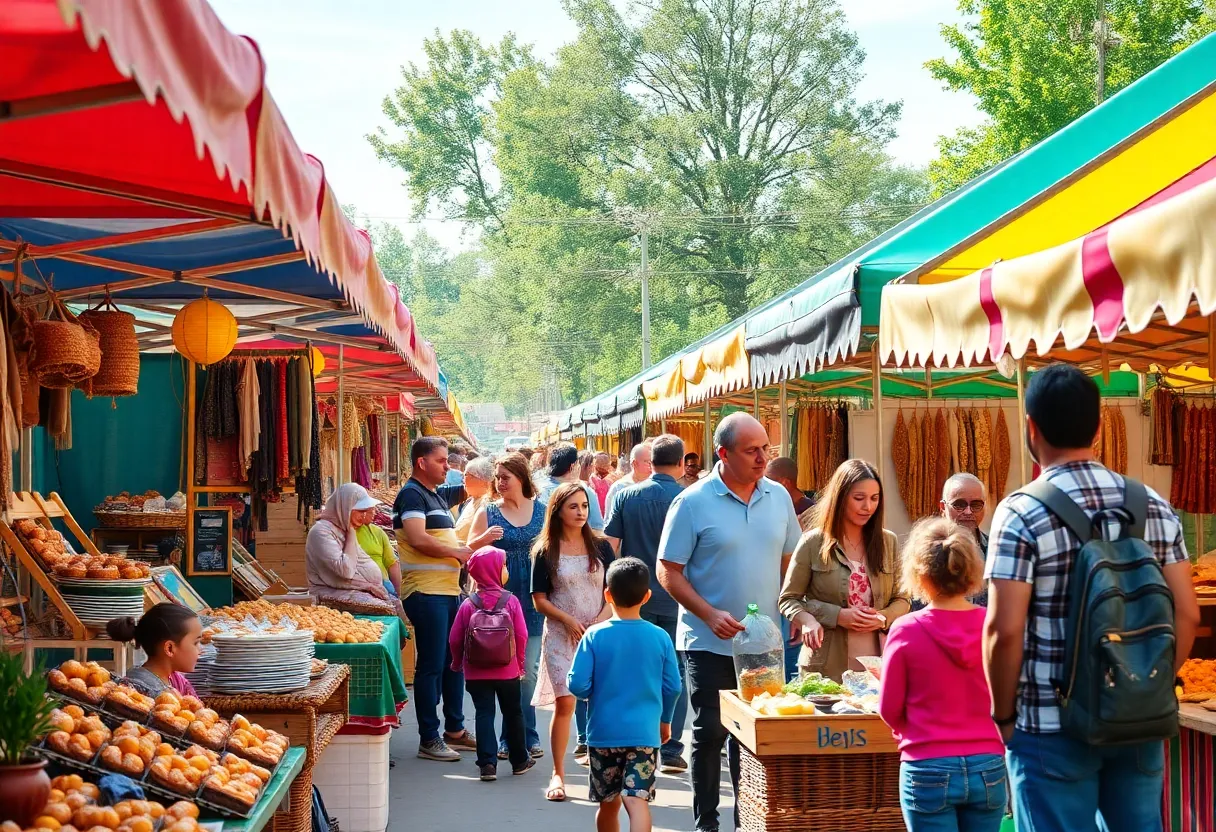 Families enjoying Market Days at the Tower of the Americas, with vendors and live music in the background.