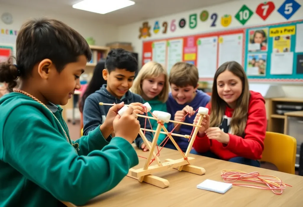 Students building marshmallow catapults in a classroom