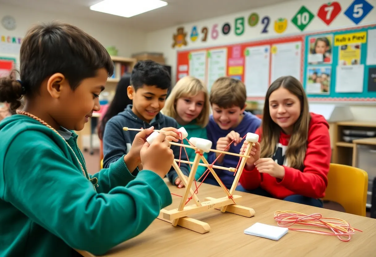 Students building marshmallow catapults in a classroom
