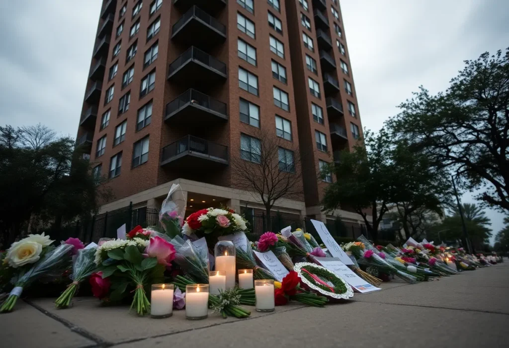 Memorial scene for a Texas A&M student outside an apartment building