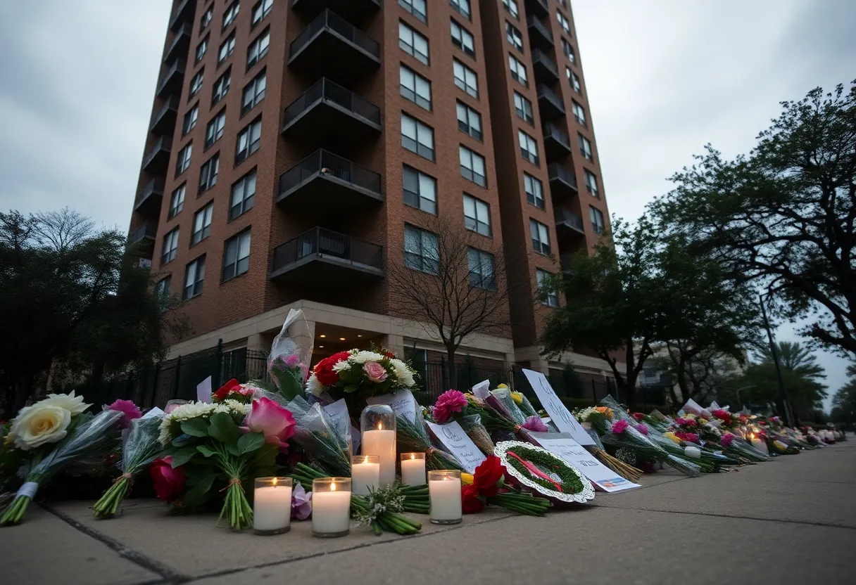 Memorial scene for a Texas A&M student outside an apartment building
