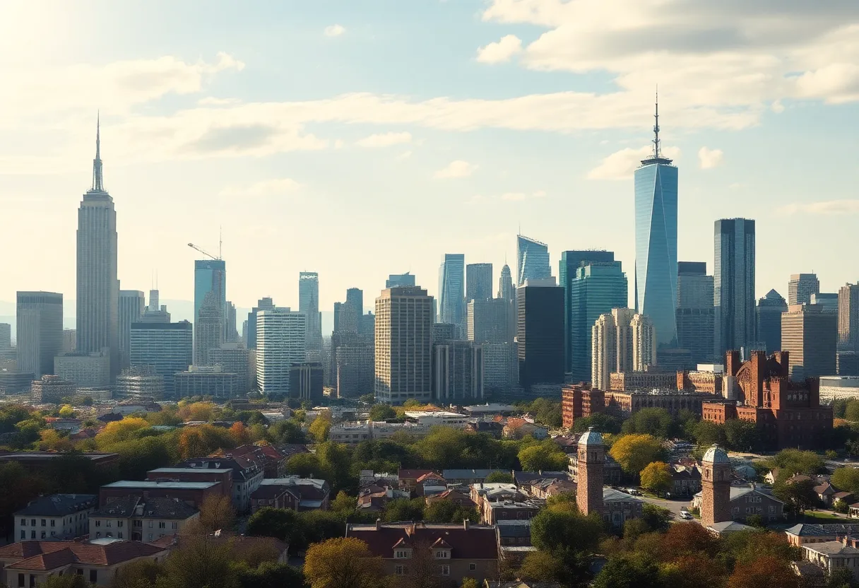 Collage of metropolitan skylines representing population departures.