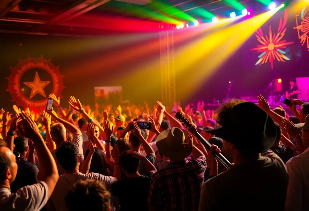 Tejano concert scene with a lively audience and a colorful stage