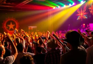 Tejano concert scene with a lively audience and a colorful stage