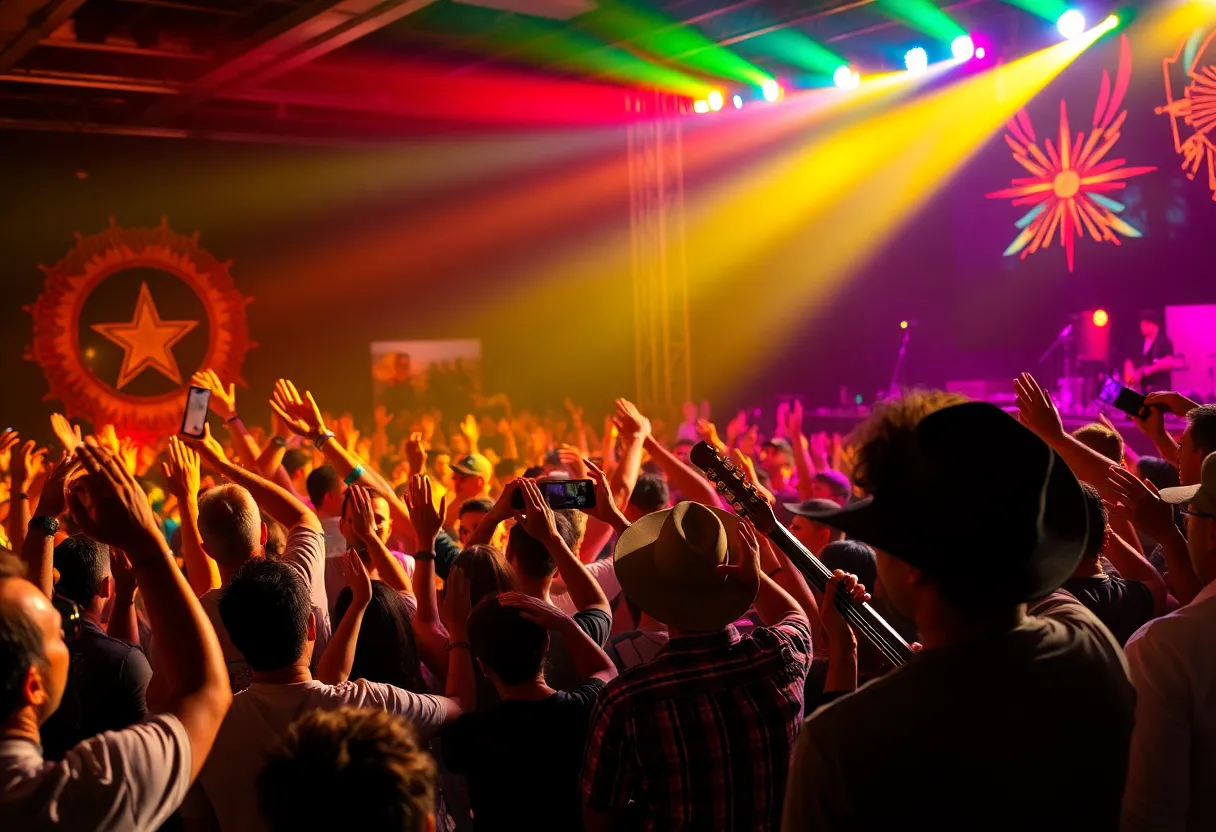 Tejano concert scene with a lively audience and a colorful stage