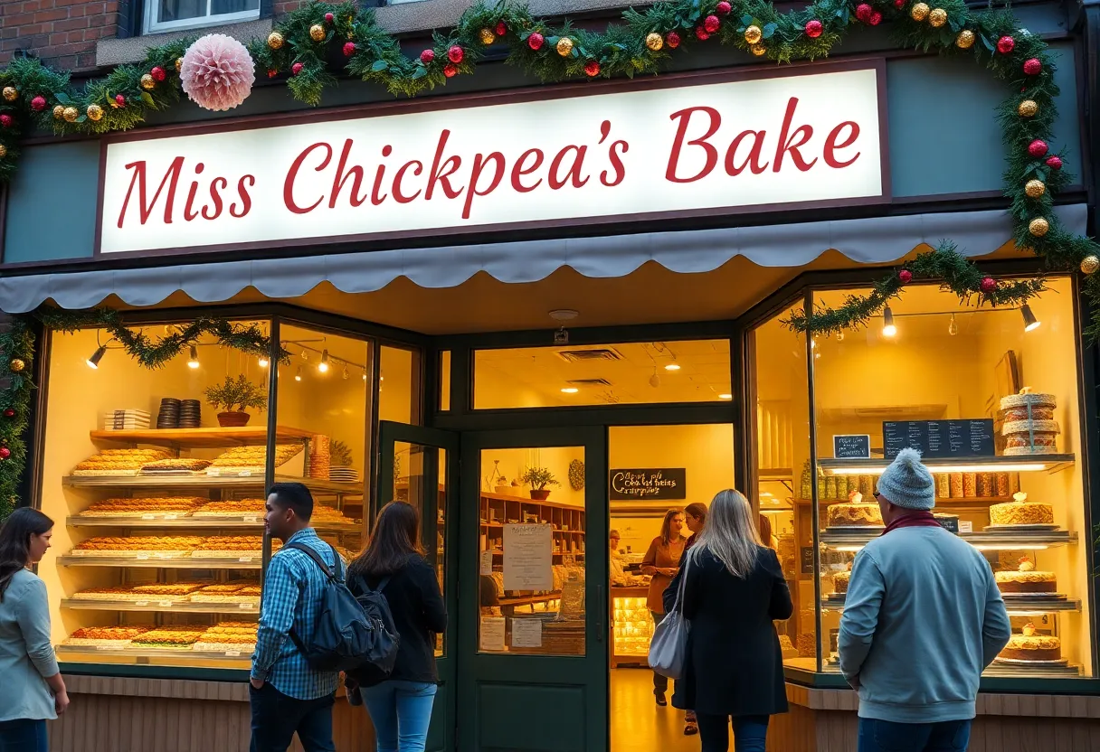 Exterior view of Miss Chickpea's Bake Shop with plants and desserts displayed.