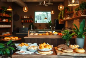 Interior view of Miss Chickpea's Cafetal, a vegan café with colorful pastries.