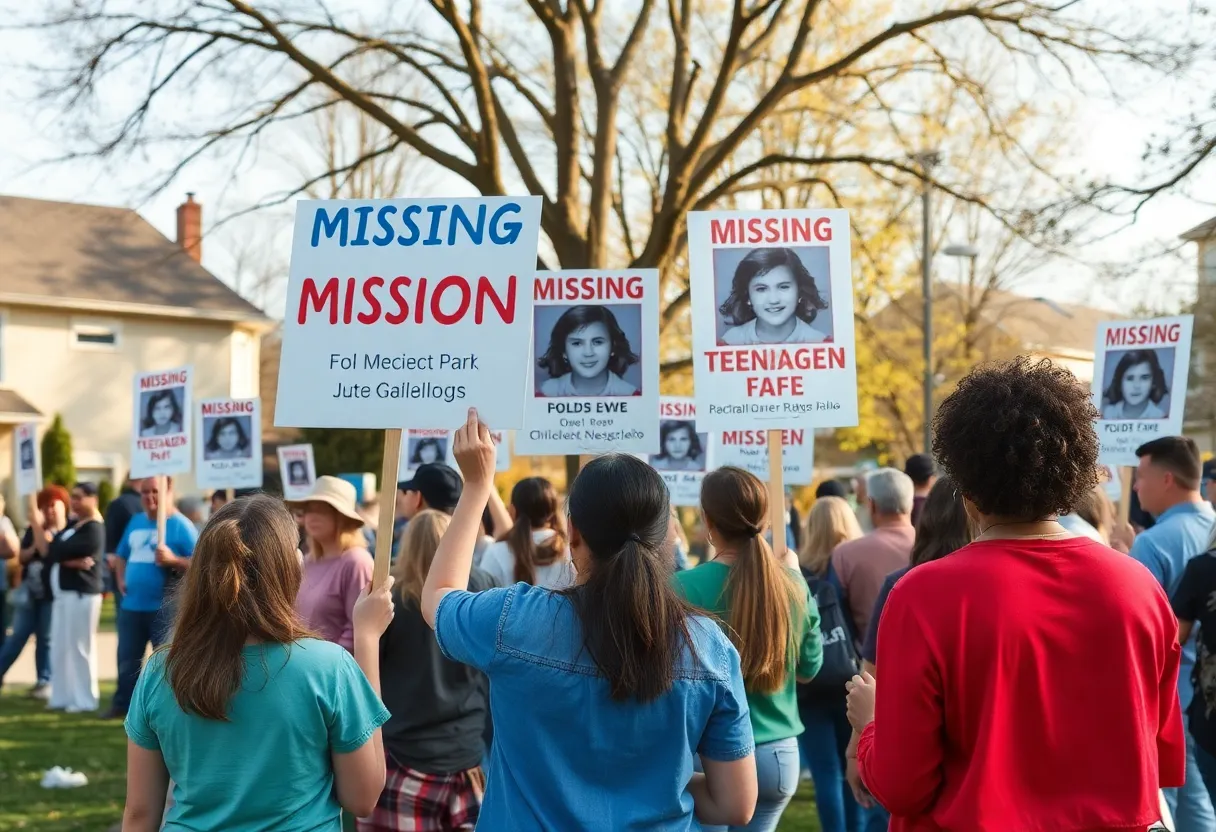 Residents holding signs for a missing teenager in a park