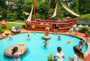Children playing on the pirate-themed playground at Mitchell's Landing