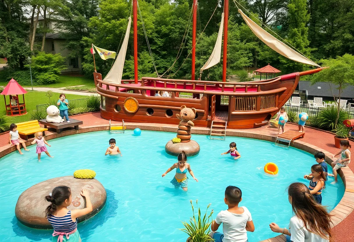 Children playing on the pirate-themed playground at Mitchell's Landing