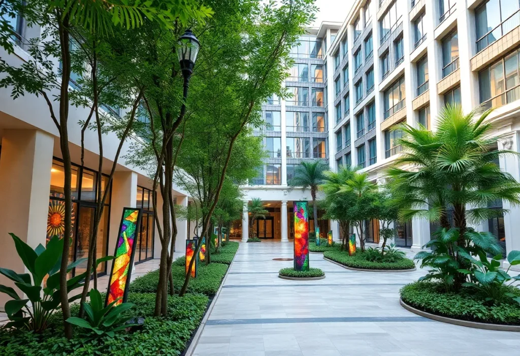 Exterior view of the Monarch San Antonio Hotel with stained glass and greenery