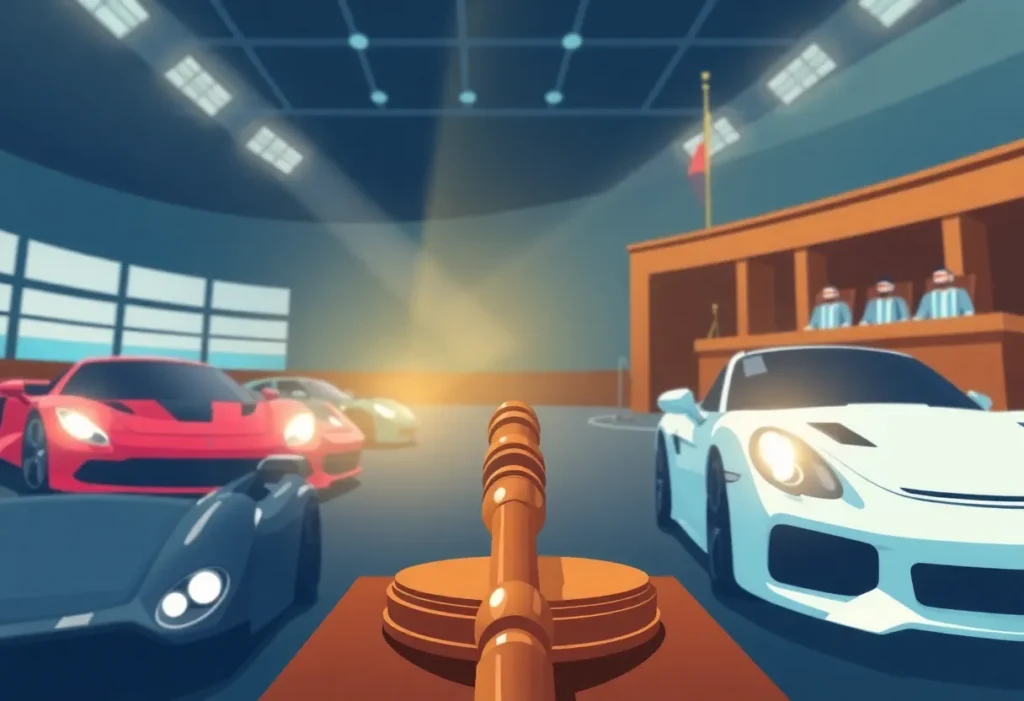 Illustration of the NASCAR antitrust trial scene with racing themes.