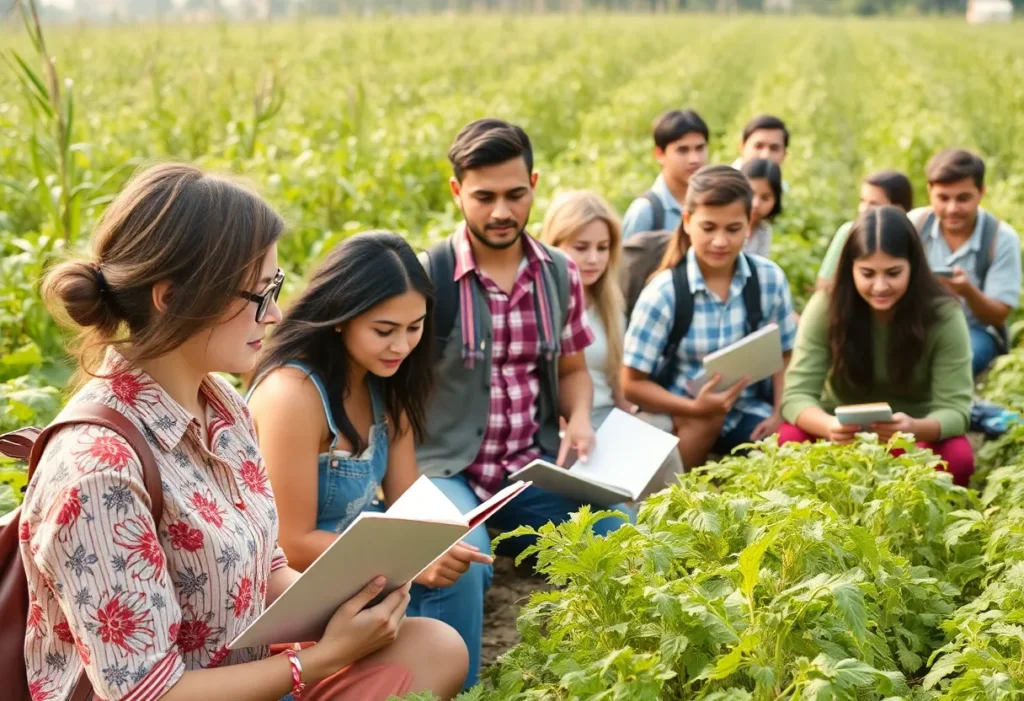 Adults engaged in learning in a lush agricultural environment.