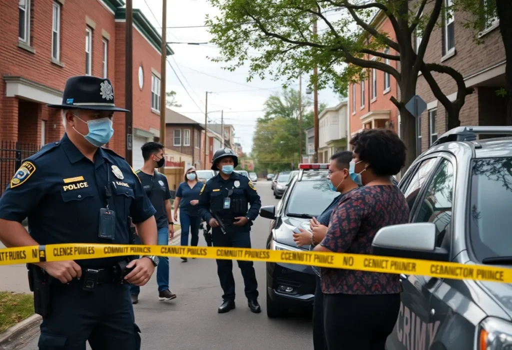 Community scene depicting law enforcement and residents in San Antonio