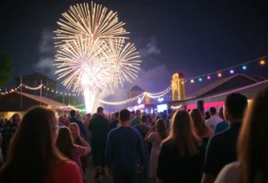 Celebration scene for New Year's Eve in New Braunfels with fireworks and festivities.
