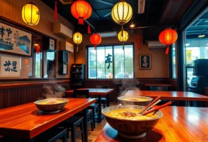 Interior of Noodle Tree Ramen Restaurant with ramen bowls