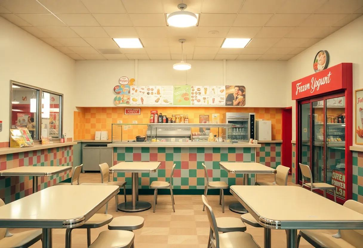 Interior view of a frozen yogurt shop featuring colorful toppings and empty seating area.