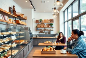 Interior of Paris Baguette café with fresh pastries and breads