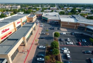 Aerial view of Park North Shopping Center with diverse retail stores