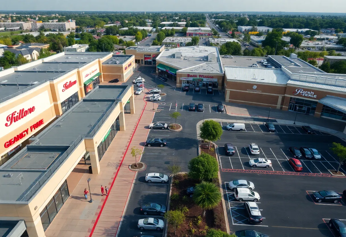 Aerial view of Park North Shopping Center with diverse retail stores