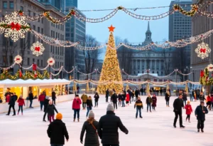 Families skating at the Pearl Ice Rink in San Antonio