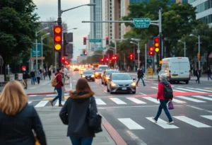 Urban scene highlighting pedestrian safety with crosswalks and traffic lights.