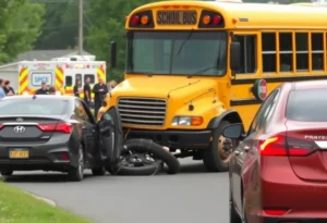 Scene of a school bus collision with a sedan in Pleasanton, Texas