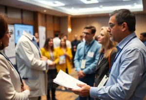 Researchers at a cancer treatment symposium presenting innovative study results.