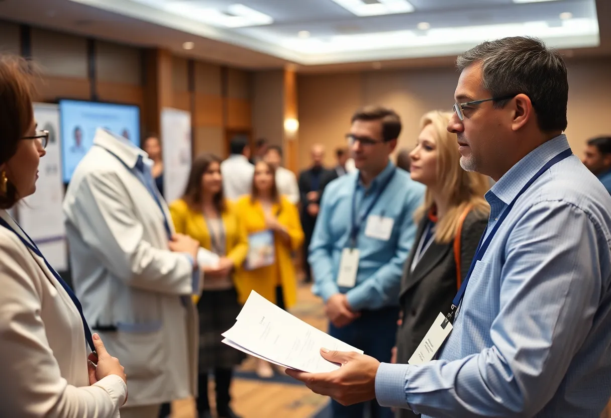 Researchers at a cancer treatment symposium presenting innovative study results.