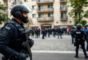 A police officer standing outside an apartment building after a shooting incident.