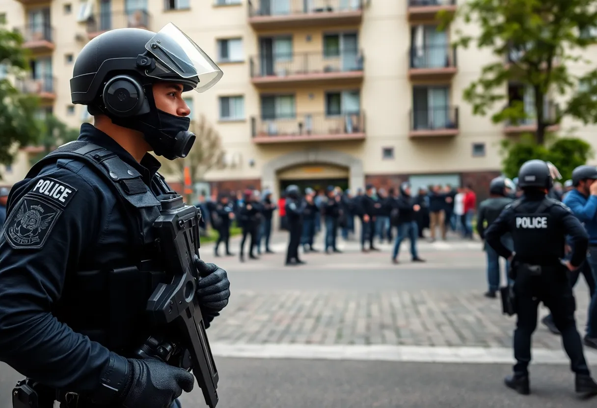 A police officer standing outside an apartment building after a shooting incident.