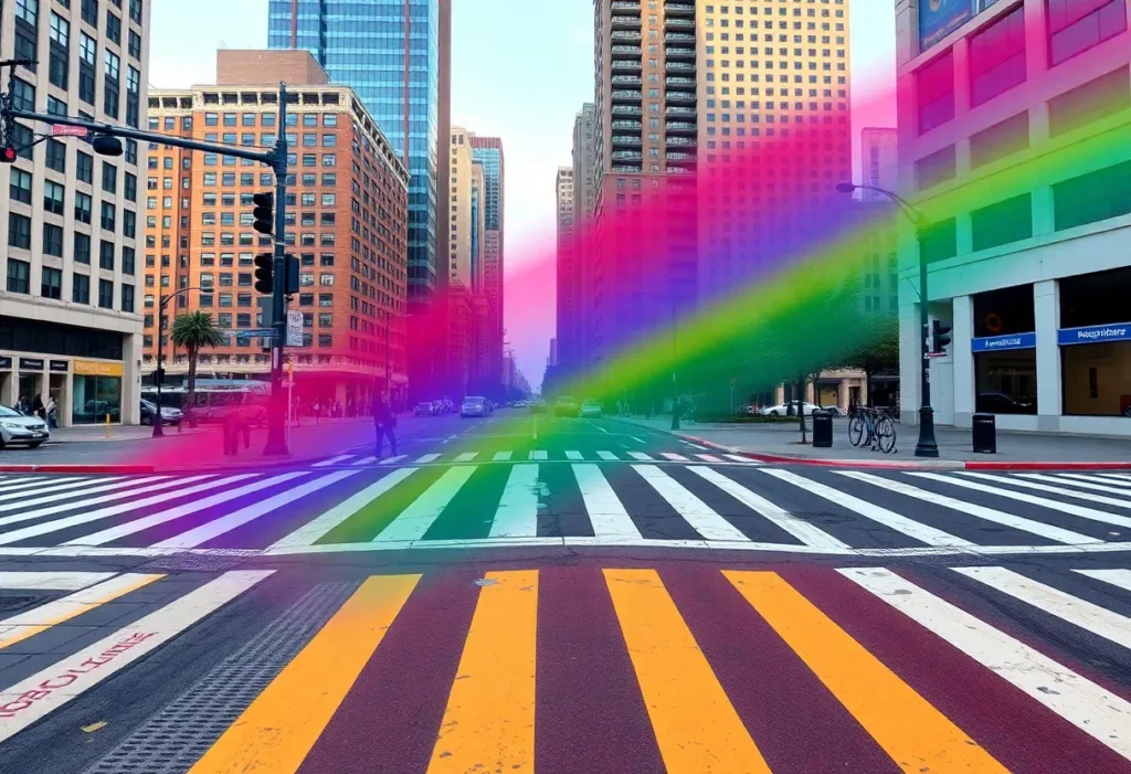 Rainbow colored crosswalk symbolizing LGBTQ+ support in San Antonio