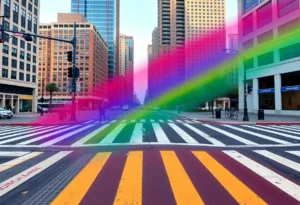 Rainbow colored crosswalk symbolizing LGBTQ+ support in San Antonio