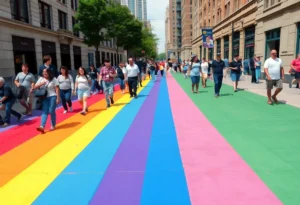 A colorful rainbow sidewalk in San Antonio with pedestrians